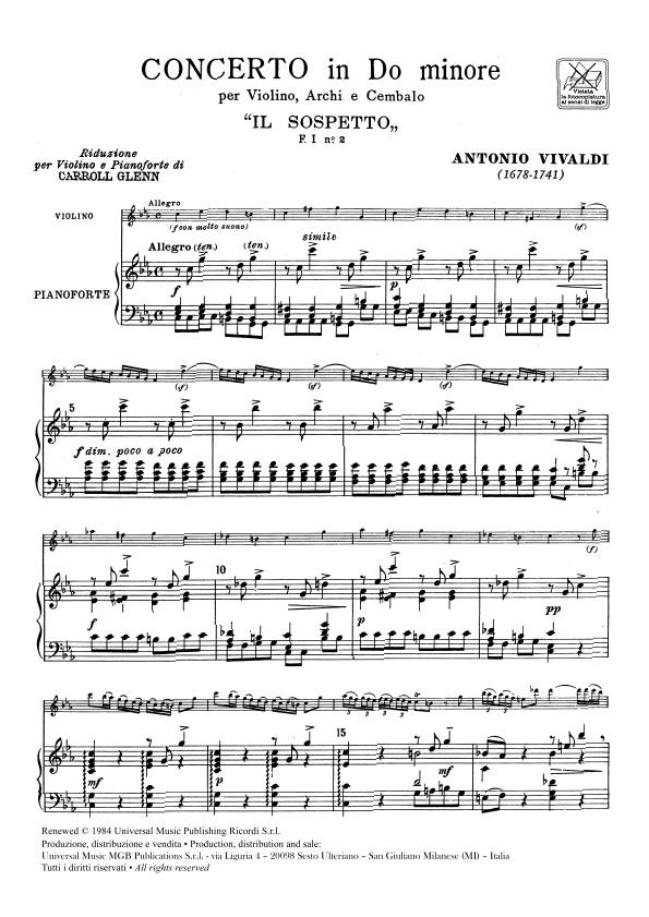 Concerto in Do minore per Violino, Archi e BC - Rv 1 'Il Sospetto' Riduzione Per Violino e Pianoforte - housle a klavír